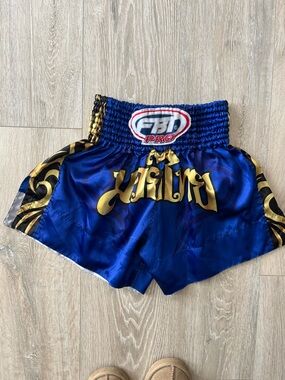FBT Pro Blue & Gold Muay Thai Shorts Asia XL Euro Large, USA medium
